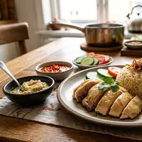 Nasi ayam hainan dengan saus jahe. [AI Generated]