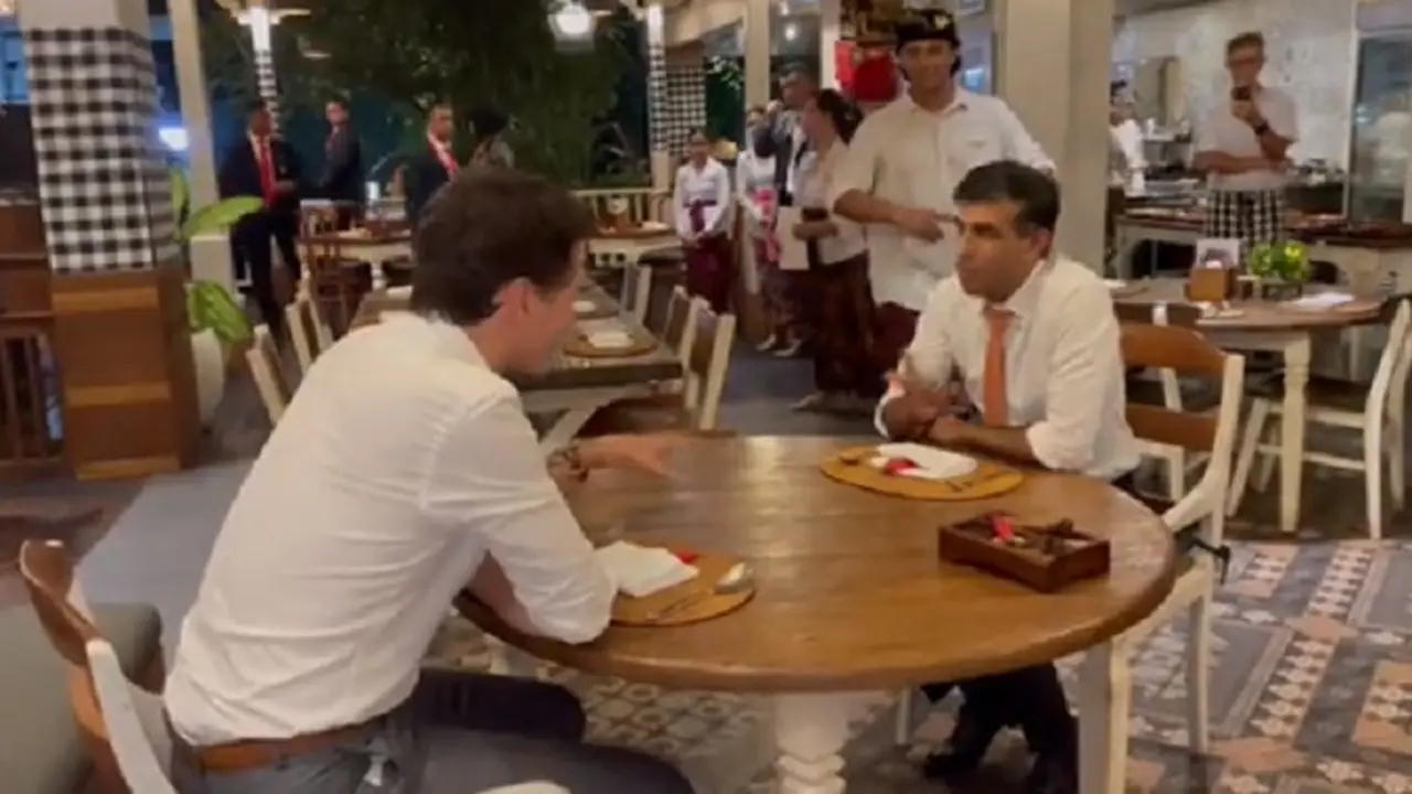 Justin Trudeau memesan beer sedangkan Rishi Sunak memesan mango spritz (Twitter/@kitty_donaldson)
