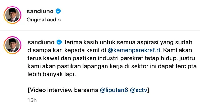 Unggahan Sandiaga Uno. (Foto: Dok. Instagram @sandiuno)