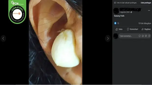 Gambar Tangkapan Layar Klaim Meletakkan Bawang Putih di Lubang Telinga dan Hidung Bisa Sembuhkan Sinusitis (sumber: Facebook).