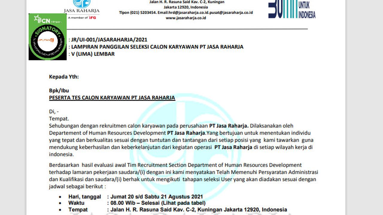 Cek Fakta Liputan6.com menelusuri surat pemanggilan tes calon karyawan PT Jasa Raharja