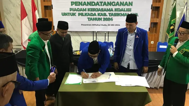 Partai Demokrat, PPP dan PAN Kabupaten Tasikmalaya, Jawa Barat, resmi berkoalisi memenangkan Bacalon Cecep Nurul Yakin, dalam konstelasi Pemilihan Kepala Daerah (Pilkada) Tasikmalaya 2024. (Liputan6.com/Jayadi Supriadin)