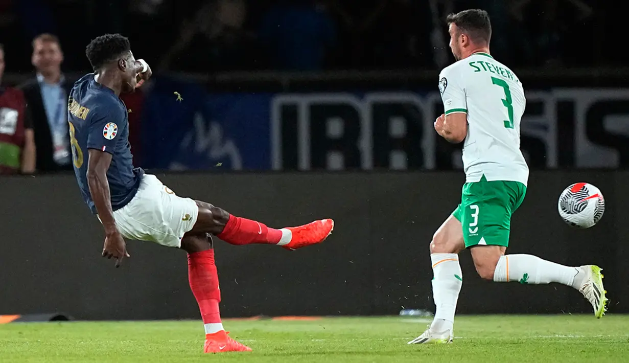 Dua gol kemenangan Prancis pada laga yang berlangsung cukup sengit itu, dicetak Aurelien Tchouameni dan Marcus Thuram. (AP Photo/Michel Euler)