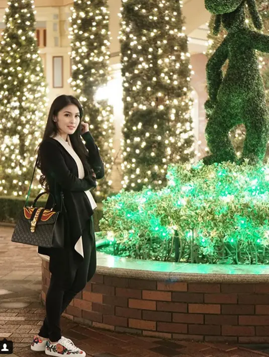 Dalam unggahan foto yang berlatarkan pohon Natal, Sandra unggah foto di Disneyland dengan menuliskan keterangan “Christmas in Disneyland”. Tak hanya menggelar resepsi, di Jepang Sandra dan Harvey juga berbulan madu. (Instagram/sandradewi88)