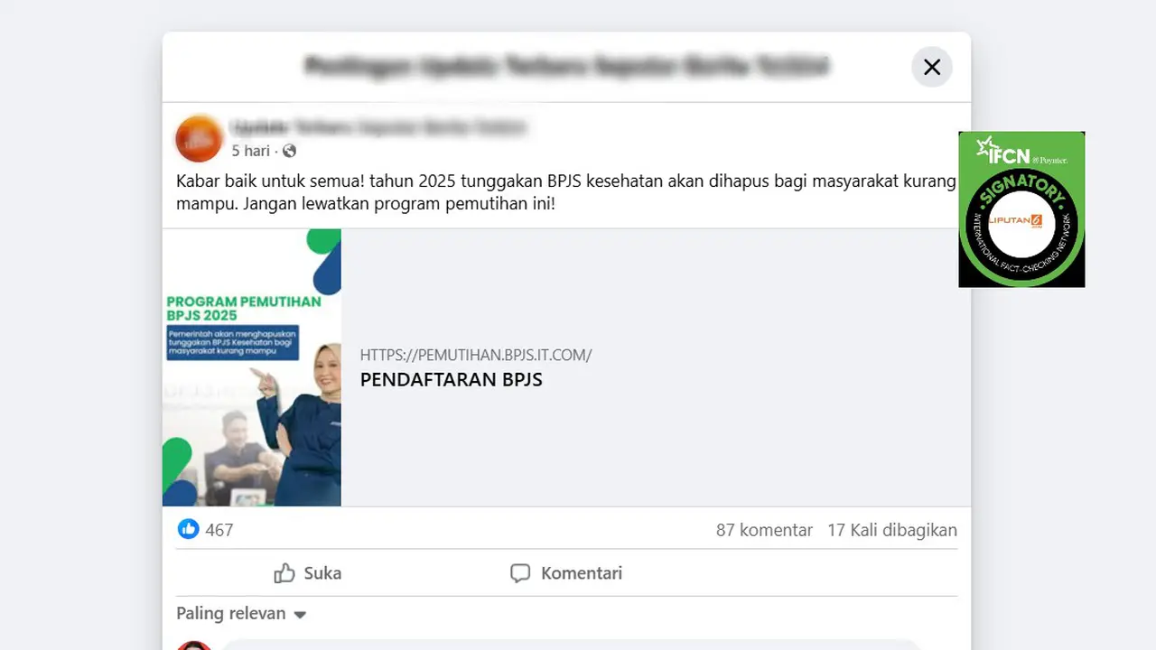 Tangkapan layar klaim tautan pendaftaran program pemutihan tunggakan BPJS Kesehatan yang beredar di Facebook.