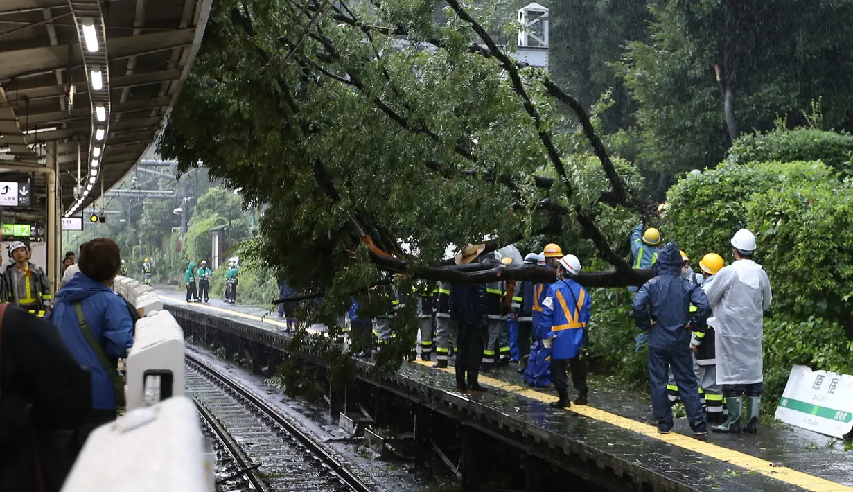 Sebuah stasiun kereta api tertimpa pohon tumbang akibat topan mindulle di Tokyo, Senin (22/8). Ratusan penerbangan serta perjalanan kereta api dibatalkan akibat terjangan Topan Mindulle di Ibu Kota Jepang. (Jiji Press/AFP)