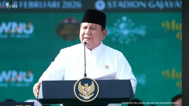 Presiden Prabowo Subianto saat acara Mujahadah Kubro 1 Abad NU. (Foto: tangkapan layar/Tira Santia)