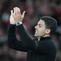 Wajah bahagia terpancar dari Mikel Arteta setelah Arsenal berhasil meraih kemenangan penting saat menjamu Burnley dalam lanjutan Premier League 2025/2026. Bermain di Emirates Stadium, Selasa (19/5/2026) dini hari WIB, The Gunners menang tipis 1-0 lewat gol Kai Havertz. (AP Photo/Kirsty Wigglesworth)