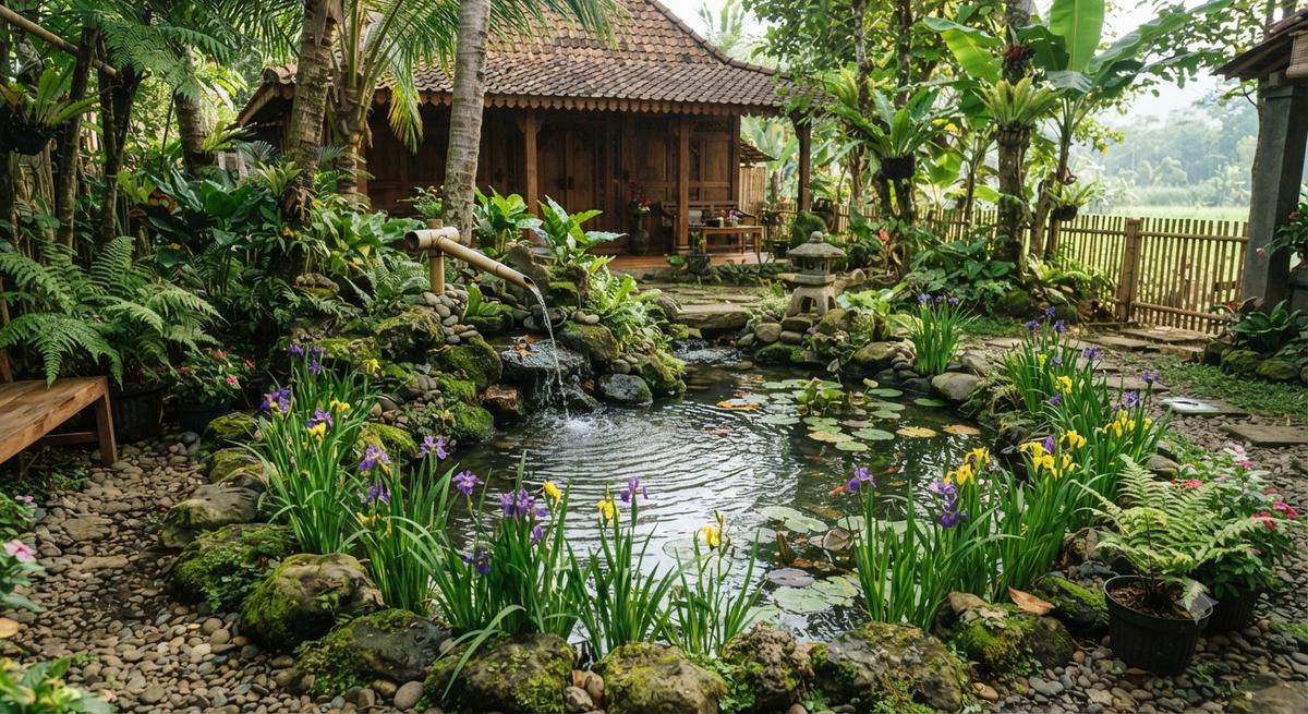 Tanaman air yang cocok untuk kolam mini bergaya Jepang model dengan iris air