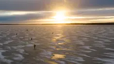 Pandangan udara menunjukkan para pria  sedang memancing di tengah Laut Bothnia yang membeku di dekat Vaasa, Finlandia, 28 Desember 2018. Memancing di laut beku merupakan hal yang ditunggu-tunggu oleh sebagian warga setempat. (OLIVIER MORIN / AFP)