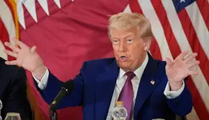 Presiden Amerika Serikat Donald Trump selama diskusi panel bisnis di Doha, Qatar, Kamis (15/5/2025). (Dok. Alex Brandon/AP)