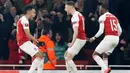 Selebrasi striker Arsenal Pierre-Emerick Aubameyang usai mencetak gol ke gawang Stade Rennes pada leg kedua babak 16 besar Liga Europa di Stadion Emirates, London, Inggris  (14/3). (REUTERS/David Klein)