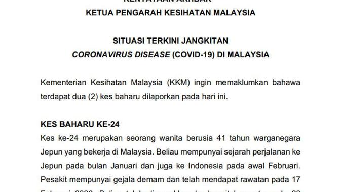 Siaran pers pemerintah Malaysia soal pasien terjangkit virus corona