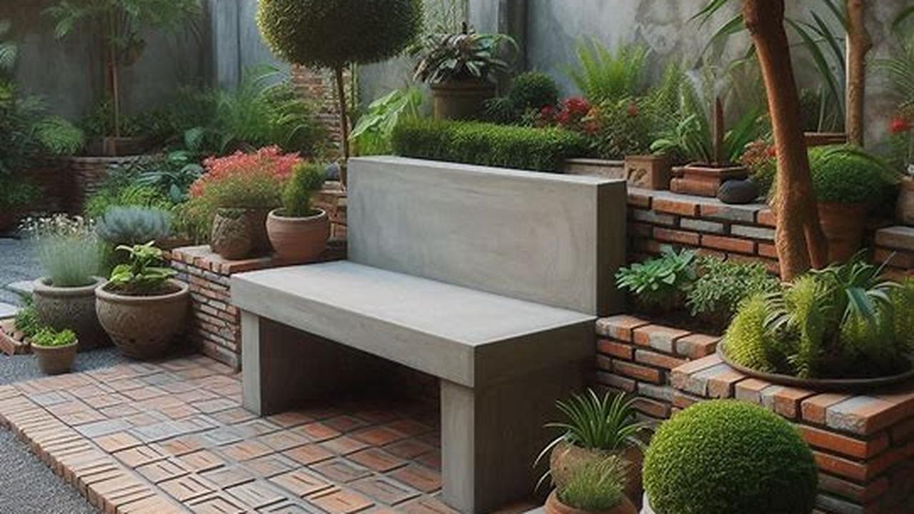 Bangku Taman Beton dengan Aksen Batu Bata