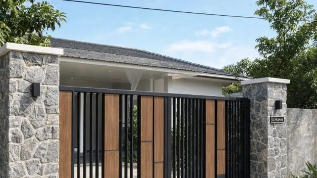 Model Gerbang Rumah Kecil di Kampung dengan Pilar Batu Alam (AI Generated)