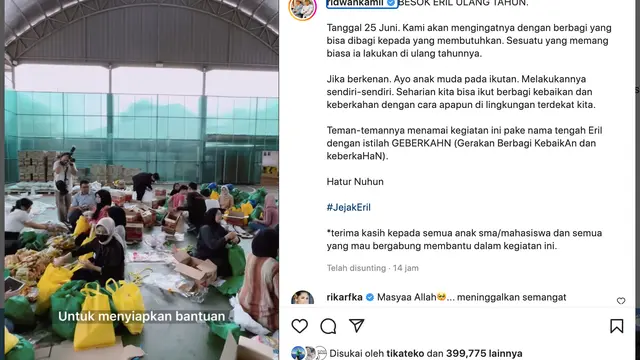 Unggahan Ridwan Kamil soal ulang tahun Eril. (Foto: Dok. Instagram @ridwankamil)