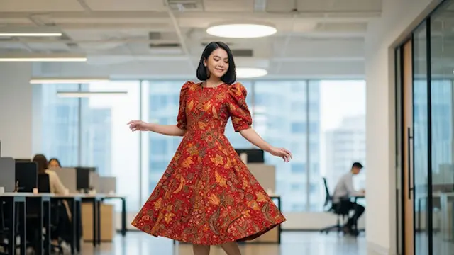 Dress A-Line Batik Lengan Puff