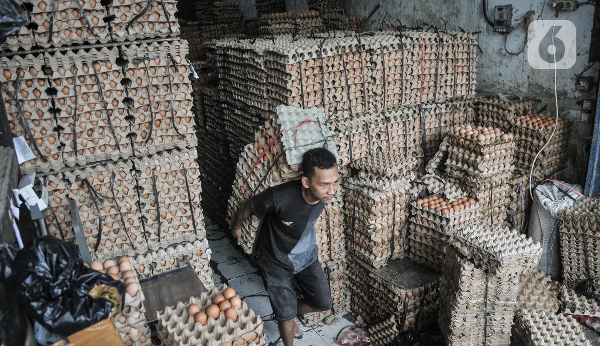 Pekerja saat mengangkut peti telur ayam di salah satu agen di Jakarta, Selasa (14/3/2023). Menjelang Ramadan harga telur ayam merangkak naik kisaran 8-10 persen dari bulan sebelumnya menjadi Rp30.000 per kilogram. (merdeka.com/Iqbal S Nugroho)