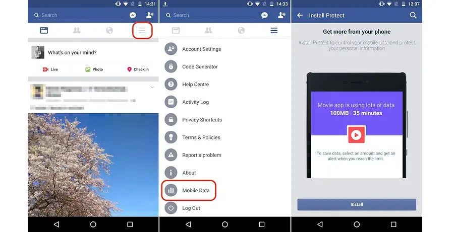 Penghematan kuota data dan perlindungan data pribadi di Facebook dengan Mobile Data (Sumber: Android Pit)