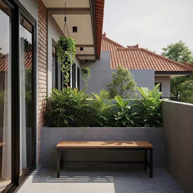 Teras Industrial Bernuansa Alam yang Tata Letak Hemat Ruang untuk Area Sempit Model dengan Pot Memanjang di Pinggir Dinding