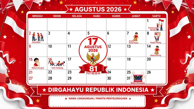 Desain spanduk 17 Agustus 2026 yang kreatif dan belum pernah dibuat model kalender