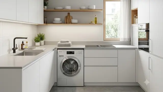 Dapur Minimalis dengan Mesin Cuci di Bawah Countertop