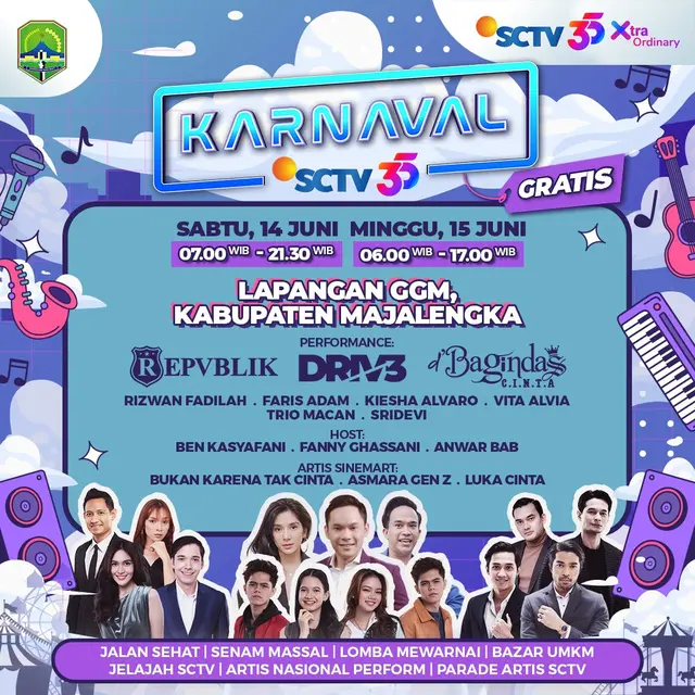Daftar penampil Karnaval SCTV 2025 di Majalengka, 14 dan 15 Juni 2025. (Foto: Dok. SCTV)