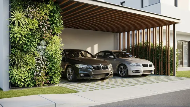10 Inspirasi Carport Minimalis untuk 2 Mobil di Lahan Sempit, Tetap Rapi dan Estetik (Image by Gemini AI)