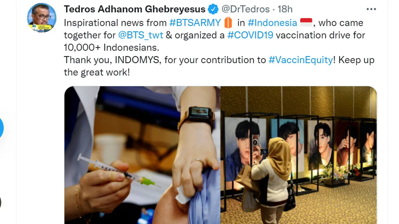 Bos WHO, Tedros Adhanom Ghebreyesus memberikan apresiasi langsung kepada BTS ARMY Indonesia atas penyelenggaraan vaksinasi COVID-19. (Foto: Tangkapan layar Twitter @drtedros)
