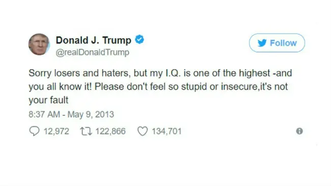 Trump sepertinya terus terobsesi dengan IQ nya, padahal angka itu berubah terus seiring berjalannya waktu. (Sumber Twitter/@realDonaldTrump)