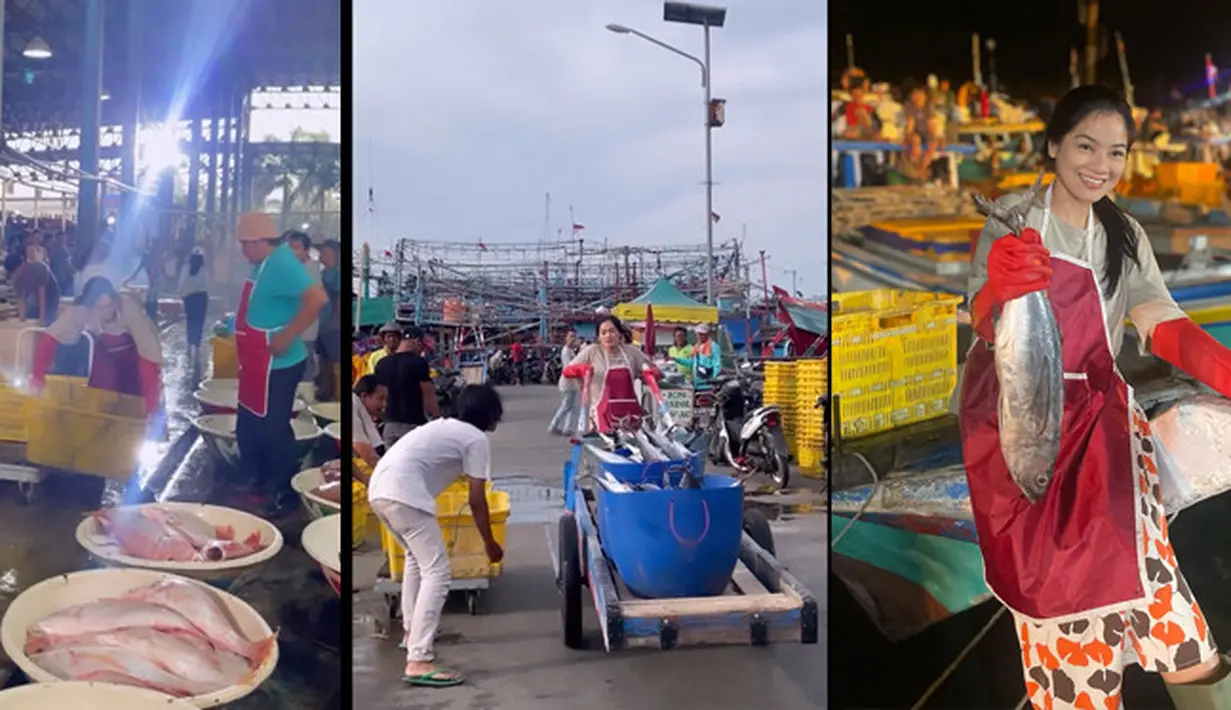 Tidak seperti biasa, Titi Kamal membagikan momen saat di pelabuhan tempat pelelangan ikan. Tidak hanya sekedar melihat-lihat, tapi terjun mengangkat ikan hingga dorong gerobak. [Instagram/titi_kamall]