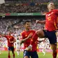 Pemain Spanyol, Dani Olmo, merayakan gol yang dicetaknya ke gawang Jerman&nbsp;pada perempat final Piala Eropa 2024, Jumat (5/7/2024).&nbsp;(AP Photo/Manu Fernandez)