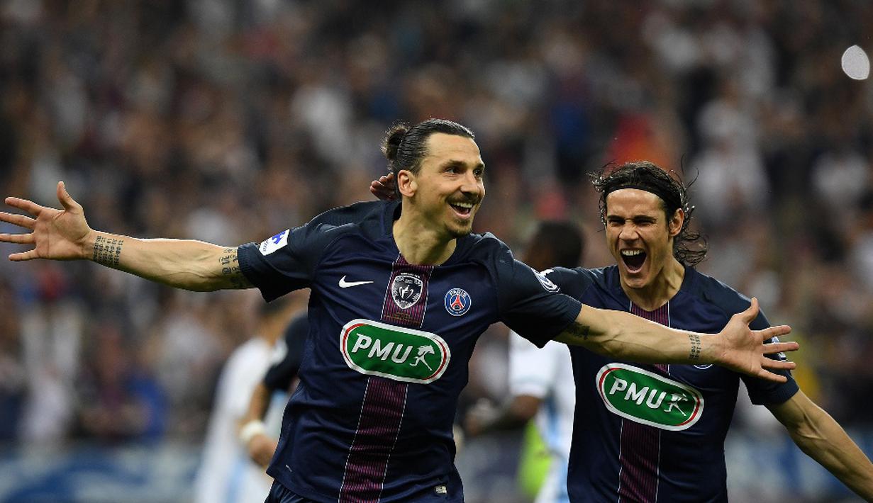 Zlatan Ibrahimovic mencetak 2 gol saat Paris Saint-Germain (PSG) menang 4-2 atas Olympique Marseille pada final Coupe de France di Stade de France, Sabtu (21/5/2016). (AFP/Franck Fife)