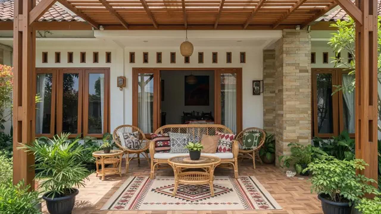 Konsep Rustic dengan Furniture Rotan/Model Rumah 1 Lantai dengan Teras Depan Luas (Sumber; gemini.com)