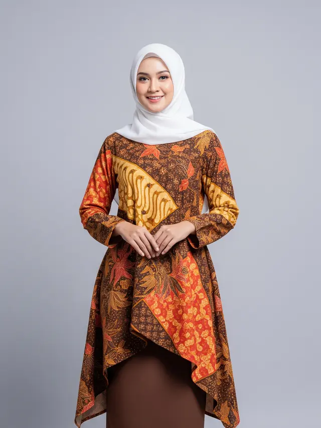 Atasan Batik Tunik Asimetris dengan Rok Lurus