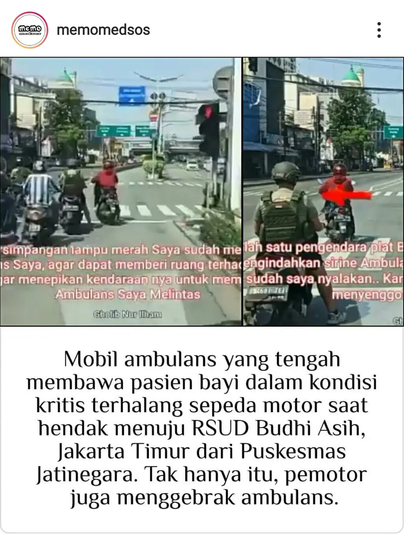 Tangkapan layar aksi oknum anggota TNI AD diduga menghalangi laju mobil ambulans di Jakarta Timur