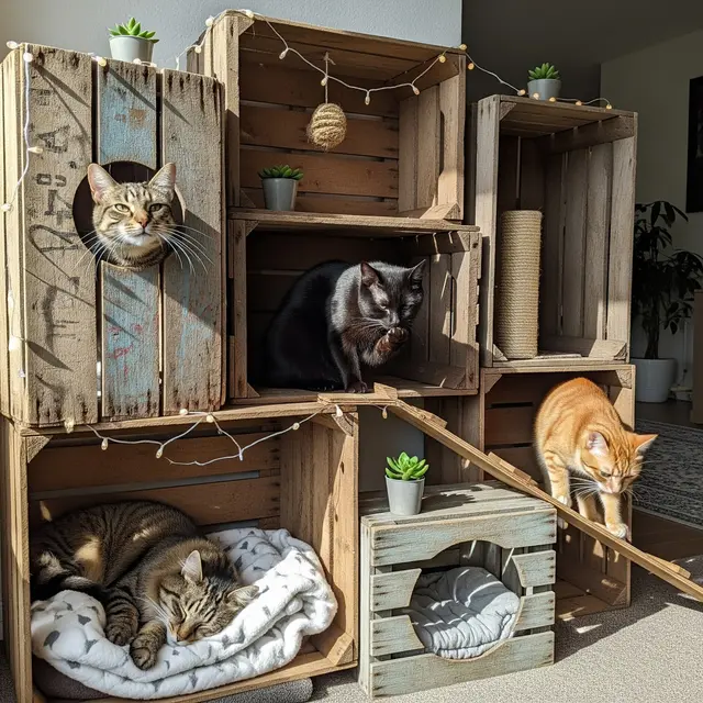 Ide Rumah Kucing dari Peti Kayu Bekas (AI Generated)