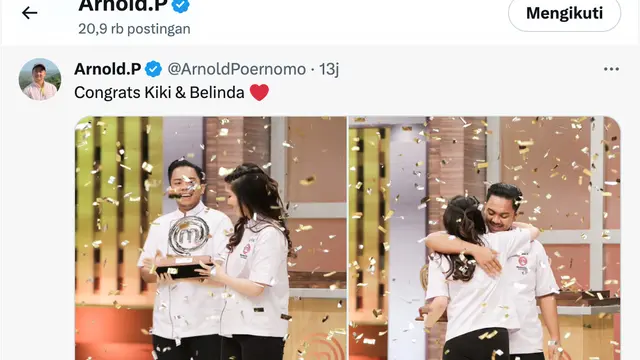 Cuitan Chef Arnold menyelamati Kiki dan Belinda. (Foto: Dok. Twitter @ArnoldPoernomo)