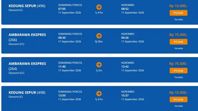 Harga dan Jadwal KA Kedungsepur Keberangkatan Semarang Poncol–Ngrombo 11 September