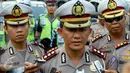 Wakil Direktur Lalu Lintas Polda Metro Jaya, Ajun Komisaris Besar Polisi Valentino Tatareda, memberi keterangan sesuai menggelar apel kesiapan banjir di Mapolda Metro Jaya, Jakarta, Selasa (11/10). (Liputan6.com/Yoppy Renato)