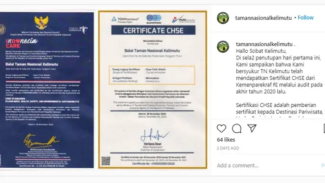 Taman Nasional Kelimutu Raih Sertifikat CHSE dari Kemenparekraf RI