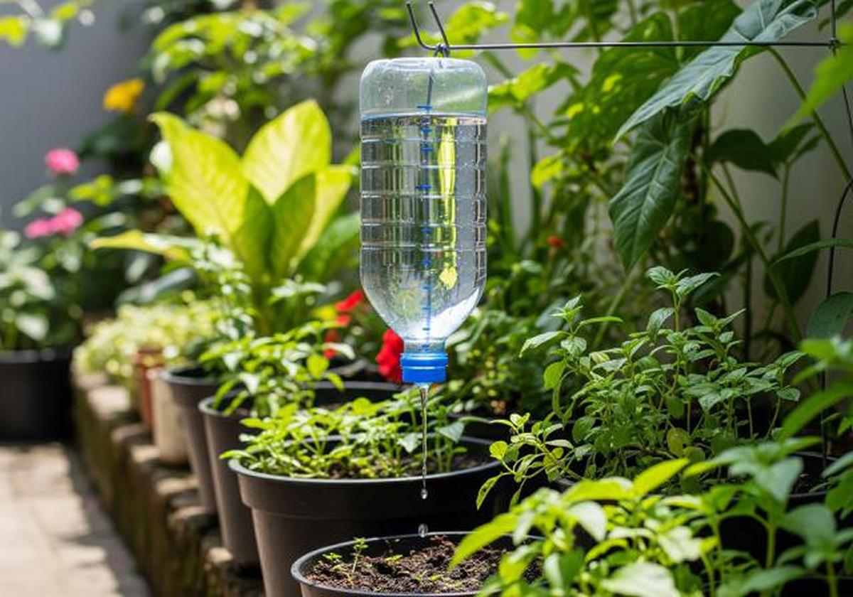 Botol Terbalik dengan Tutup Berlubang/Ide Kebun di Halaman dengan Pengairan Otomatis dari Botol Bekas (Sumber: gemini.com)