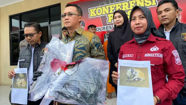 Anggota Satreskrim Polres Tasikmalaya, menunjukan barang bukti kasus pencurian spesialis hewan ternak di Desa Cikeusal, Kecamatan Tanjungjaya. (Liputan6.com/Jayadi Supriadin)