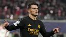 Pemain Real Madrid, Brahim Diaz mencetak gol kemenangan timnya ke gawang RB Leipzig pada laga leg pertama 16 besar Liga Champions 2023/2024 di Red Bull arena stadium, Leipzig, Jerman, Rabu (14/02/2024) dini hari WIB. (AP Photo/Matthias Schrader)