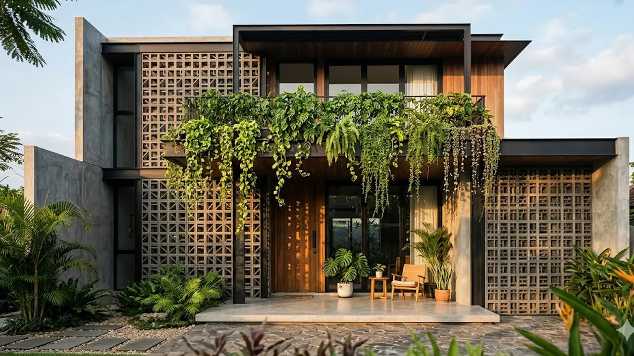 Desain Fasad Rumah dengan Roster dan Tanaman Gantung