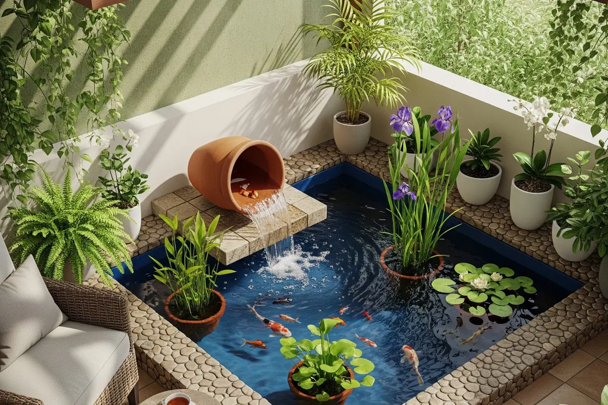 Kolam Ikan Kecil di Sudut Teras Rumah (Gemini AI)