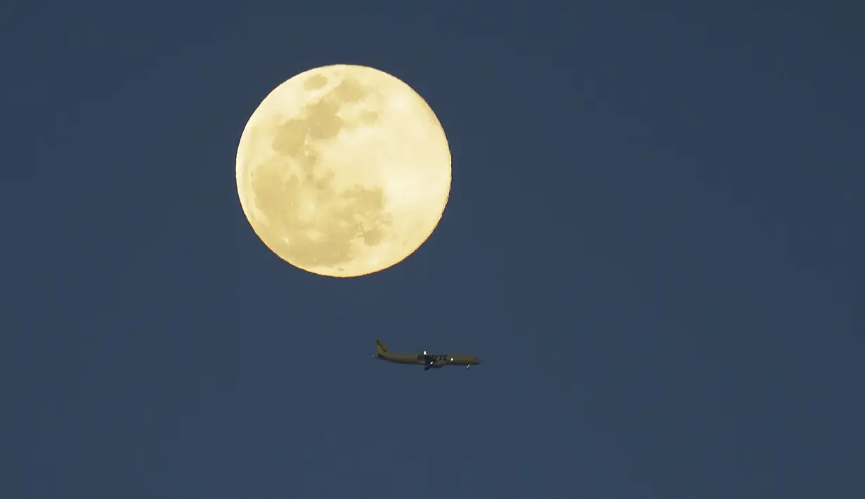 Sebuah pesawat terbang melewati supermoon di langit Orlando, Florida, Amerika Serika, Selasa (7/4/2020). Fenomena dimana bulan berada pada titik terdekat dengan bumi ini merupakan penampakan supermoon terbesar di tahun 2020. (AP Photo/John Raoux)