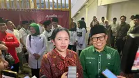 Ketua Umum PKB Muhaimin Iskandar alias Cak Imin dan Ketua DPP Bidang Politik PDIP Puan Maharani di acara Harlah ke-25 PKB, Minggu (23/7/2023). (Liputan6.com/ Ady Anugrahadi)