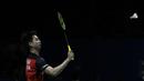 Ganda putra Indonesia, Kevin Sanjaya, mengembalikan kok saat menghadapi wakil India, Satwiksairaj Rankireddy/Chirag Shetty, pada Blibli Indonesia Open 2019 di Istora Senayan, Jakarta, Kamis (17/7). Kevin/Marcus menang 21-15, 21-14. (Bola.com/Yoppy Renato)