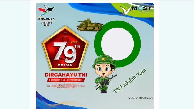 Twibbon HUT ke-79 TNI yang bisa kamu buat jika tak bisa hadir secara langsung pada perayaan HUT ke-79 TNI, Sabtu 5 Oktober 2024 di Lapangan Silang Monas.